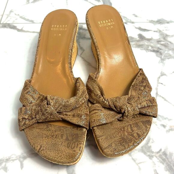 Stuart Weitzman Woven Straw Wedge Sandals with Metallic Details Size 8.5M - Picture 2 of 11